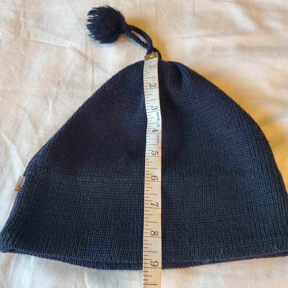 Smiley Vintage Black 100% Wool Knit Beanie Fleece Lined Pom Hat USA Made